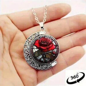 Silver RED ROSE Rotating Pendant Necklace